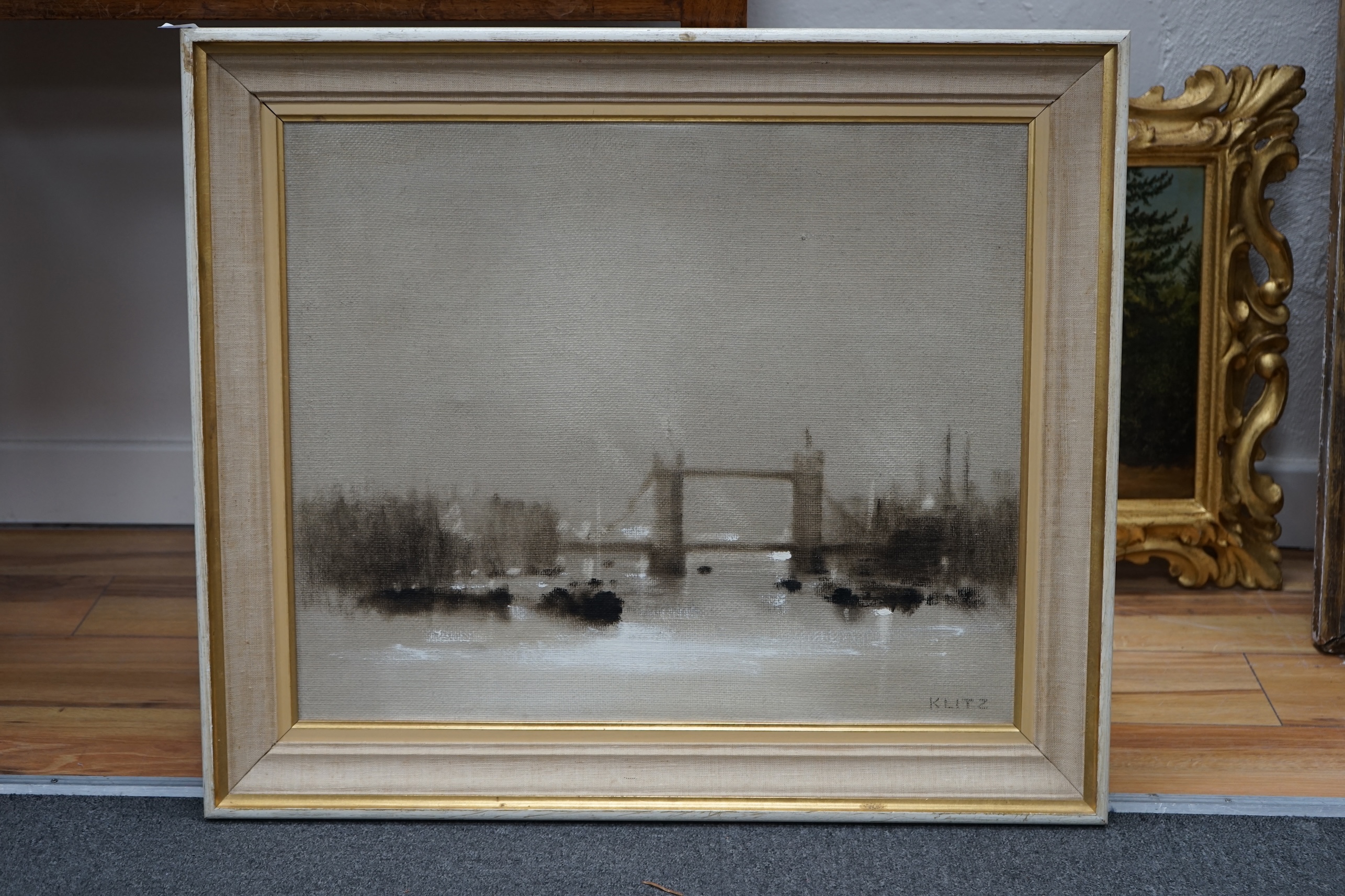 Anthony Robert Klitz (1917-2000), 1960's monochrome oil on canvas, Thames view with Tower Bridge, signed, 50 x 60cm. Condition - good